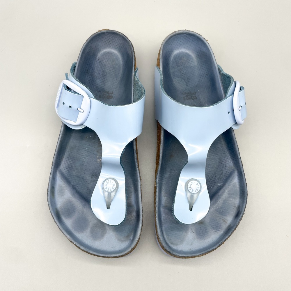 Birkenstock Gizeh Big Buckle Womens 38 7 Sky Blue Patent Leather Sandals Coastal